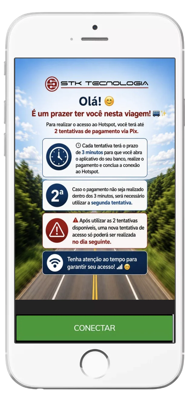 Exemplo da página de acesso ao hotspot Stk, com orientações para pagamento por Pix